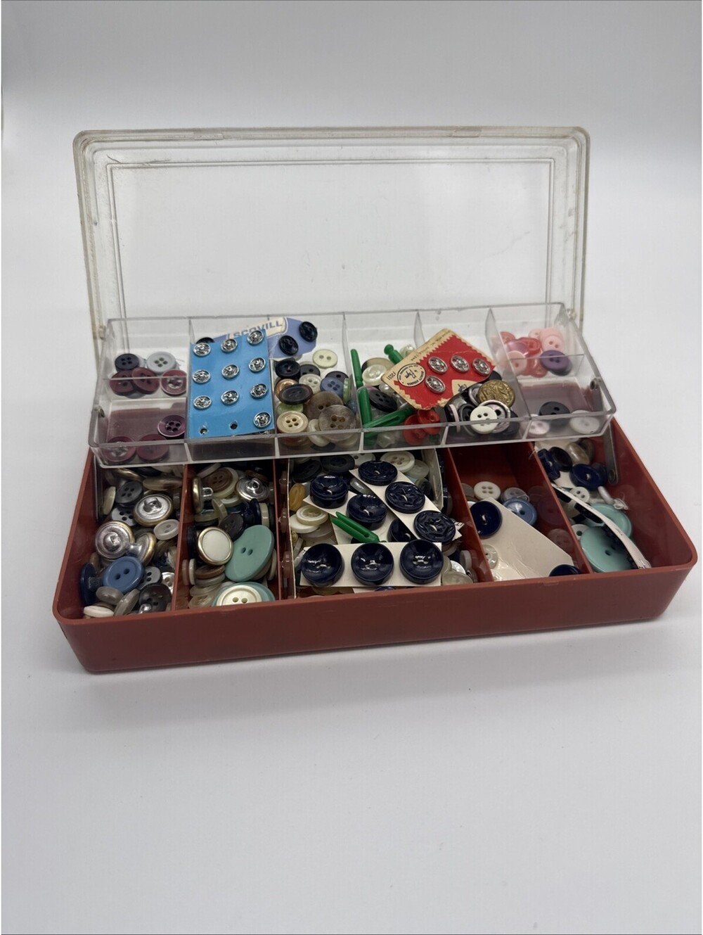 Vintage Sewing Button Lot with Two Tier Plastic Organizer Case Scovill Prym